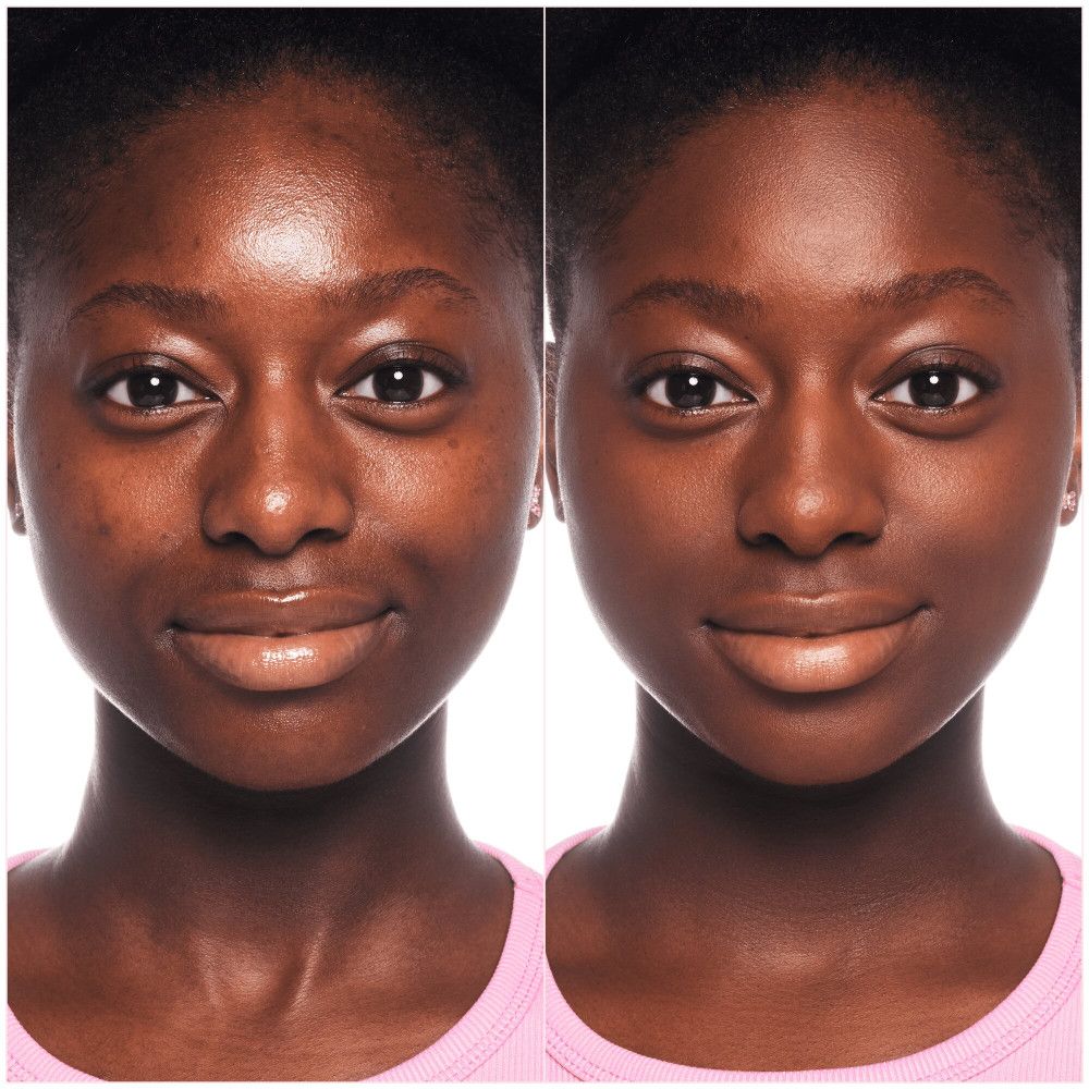 Voor-en-na vergelijking van een gezicht. Links: ongeschminkt. Rechts: met foundation. Duidelijke verbetering van de huidtextuur.
