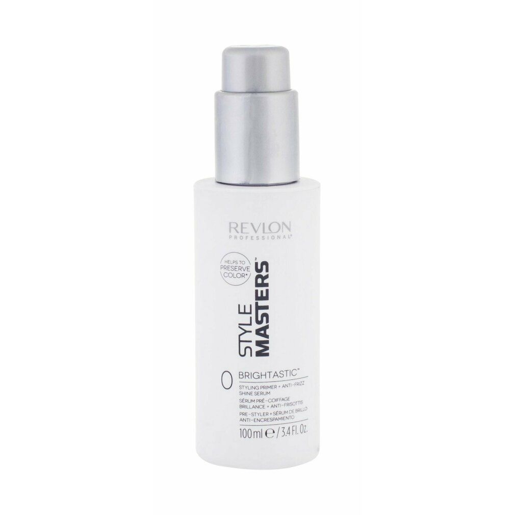 Flacon blanc avec pompe argentée. Inscription: Revlon Style Masters, Brightastic. 100ml/3.4 fl oz.