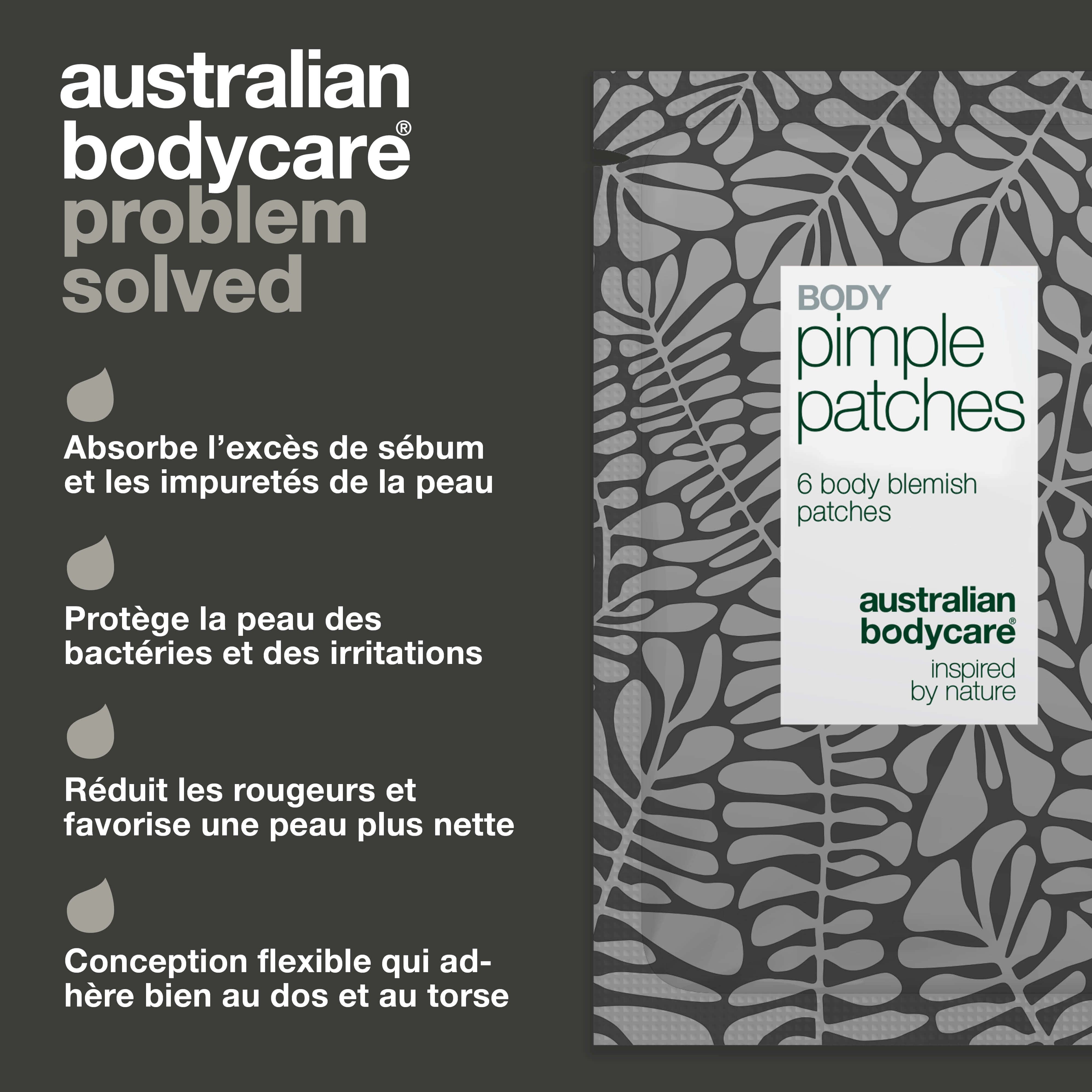 Emballage 'Body Pimple Patches' à côté du texte. Texte : avantages du produit, comme 'absorbe le sébum'.