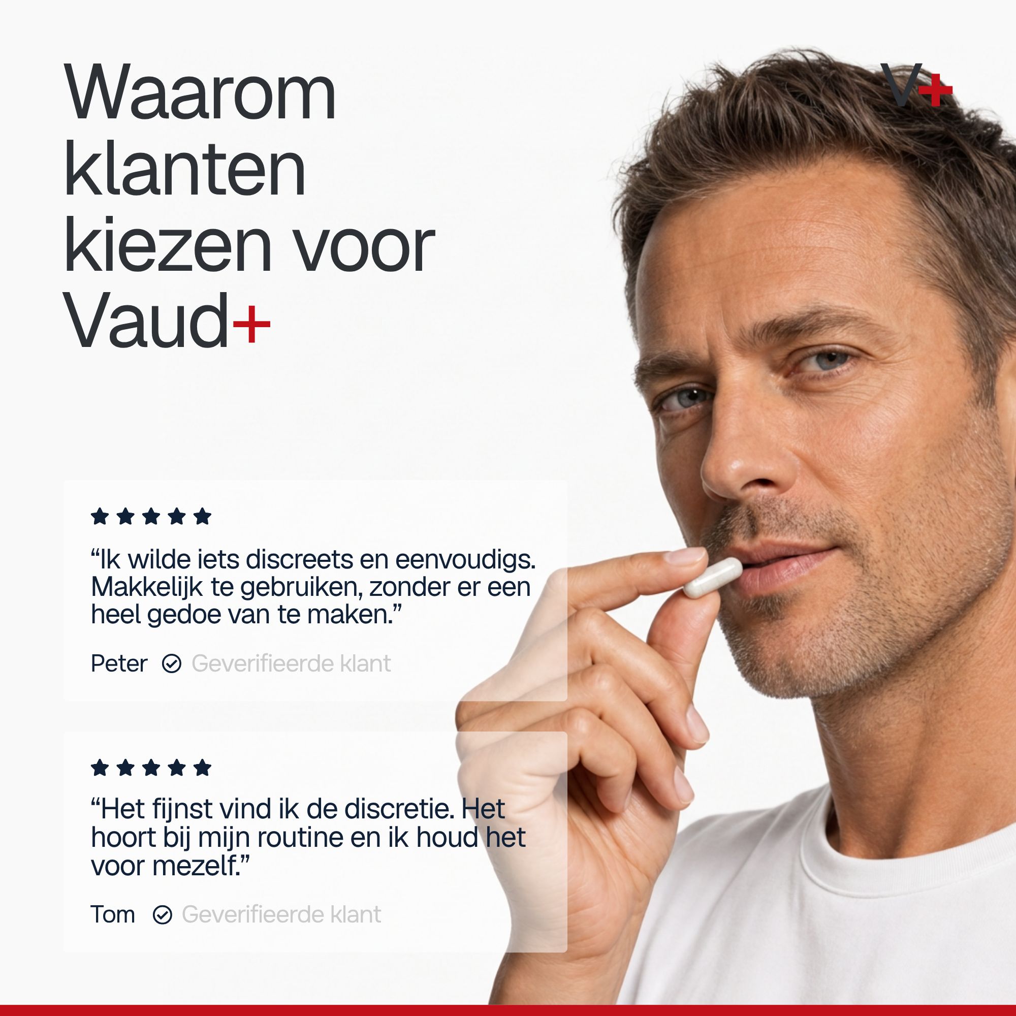 Een witte fles 'Vaud+ Male Support+' met rode accenten. Tekst over GMP-certificering en Zwitserse oorsprong.