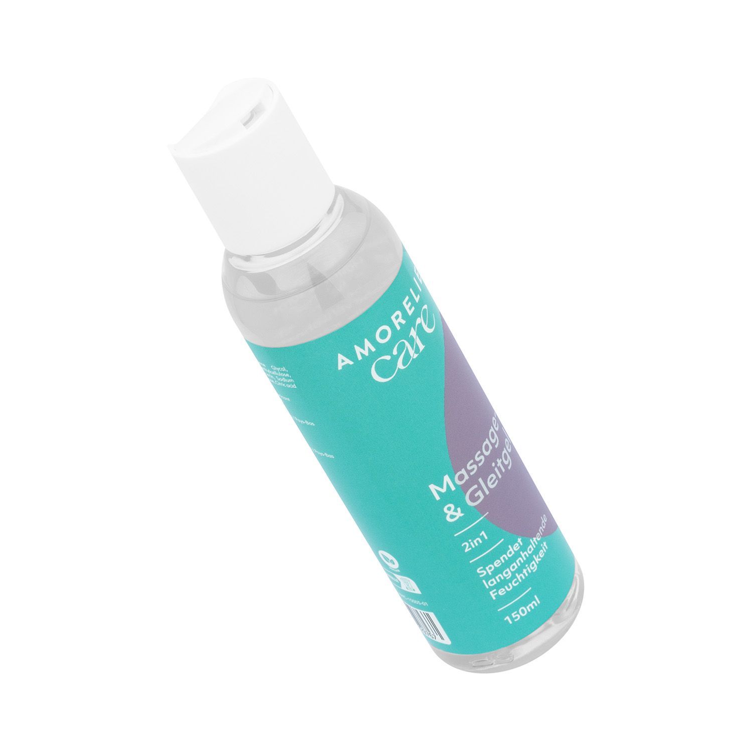 Schuinstaande transparante fles met witte dop. Opschrift AMORELIE care, Massage- & Gleitgel 2in1. Turquoise-paars design.