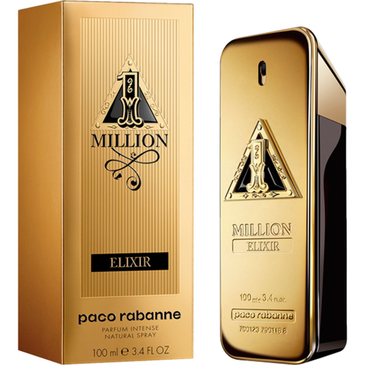 Flacon et emballage dorés. Inscription: Million Elixir. Marque Paco Rabanne.