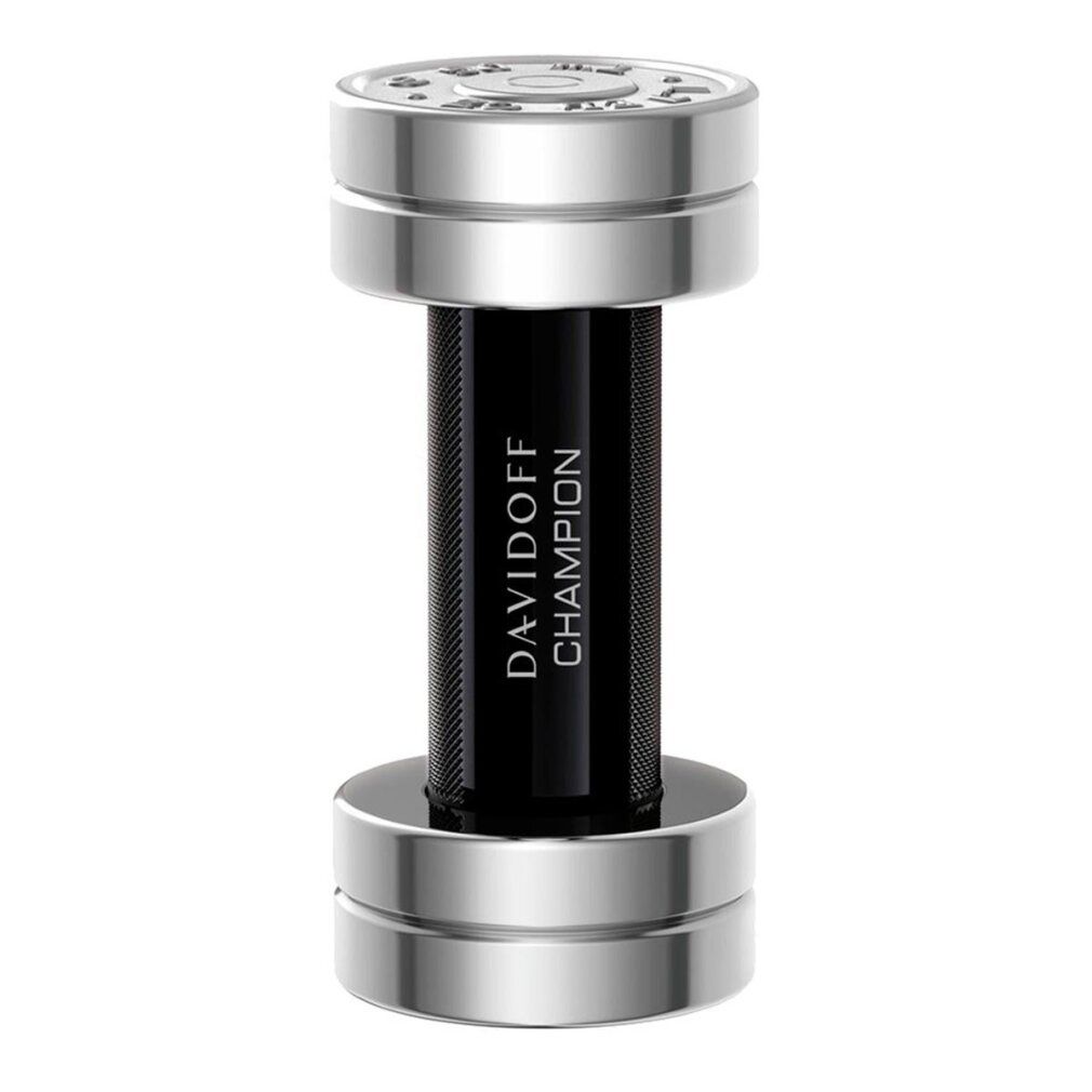 Davidoff Champion Eau de Toilette fles in haltervorm met zilveren gewichten en zwart middengedeelte.