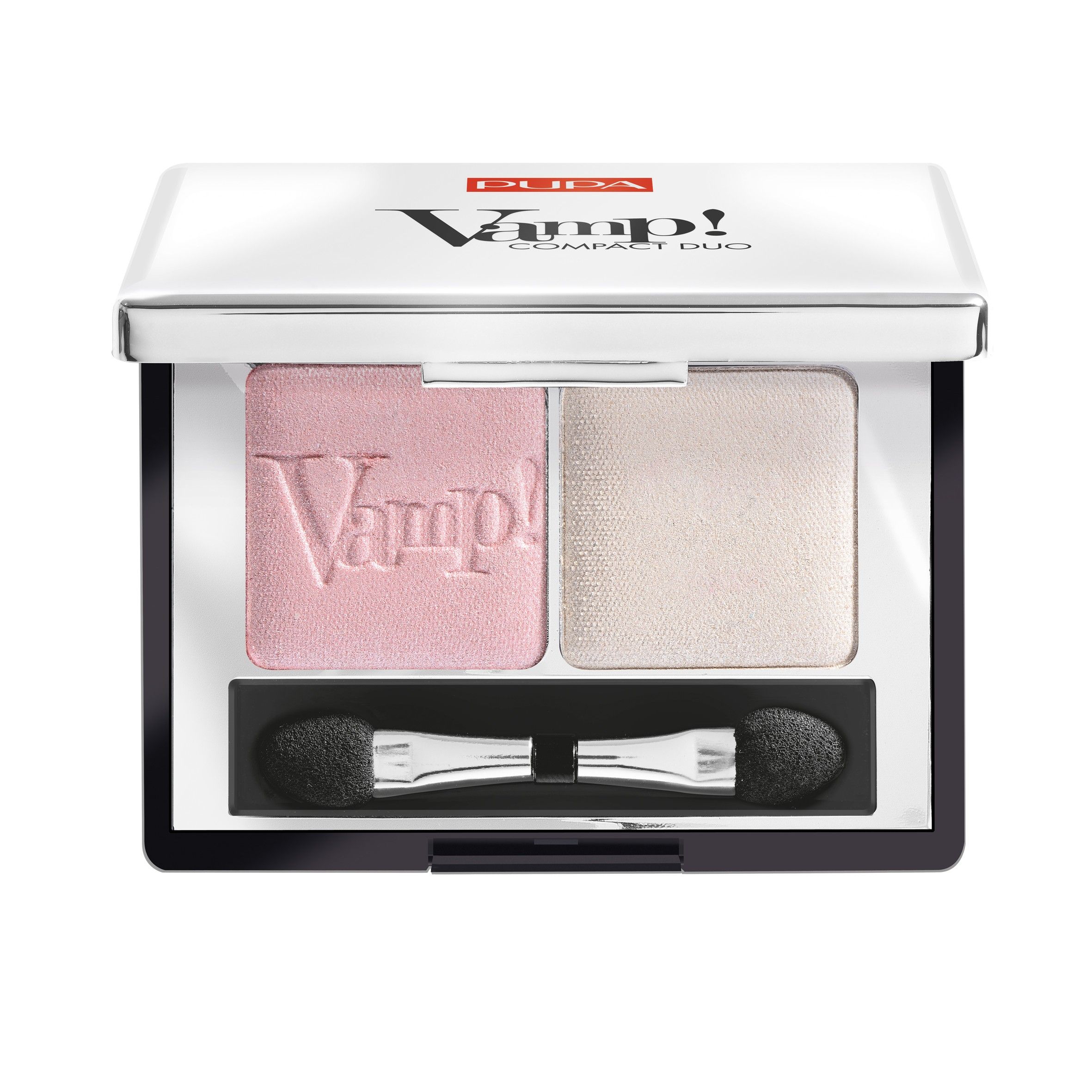Compact oogschaduw duo in roze en champagne met applicator.