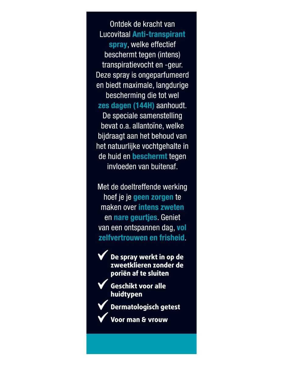 Emballage du spray anti-transpirant. Contient des informations sur les avantages du produit et les tests dermatologiques.