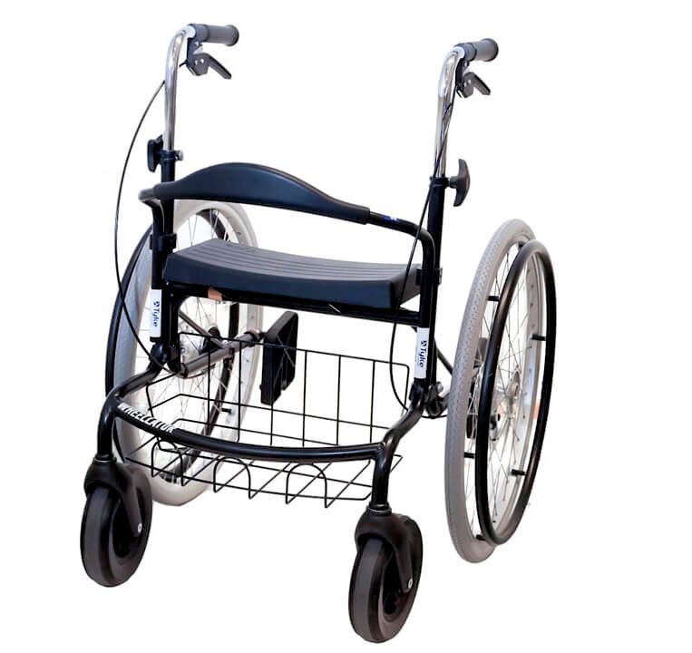 Rollator met zitje, mand en vier wielen. Zwart frame, grijze wielen. Handgrepen met remmen. Donkerblauwe zitting.