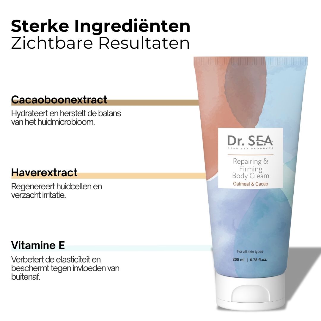 Tube "Dr. SEA" met tekst. Tekst: Cacaoboonextract, haverextract, vitamine E. 200 ml.