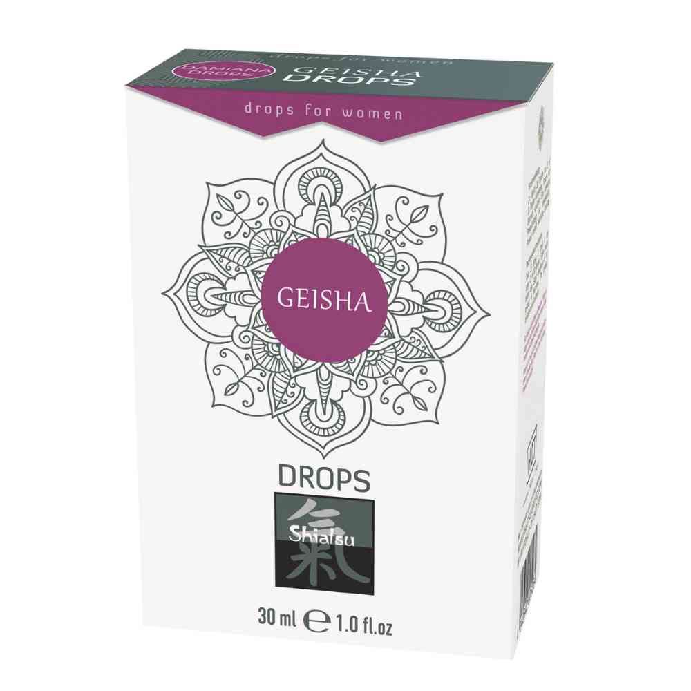 Witte doos met paarse accenten. Opschrift: Geisha Drops, Shiatsu, Drops, 30 ml, 1.0 fl oz.