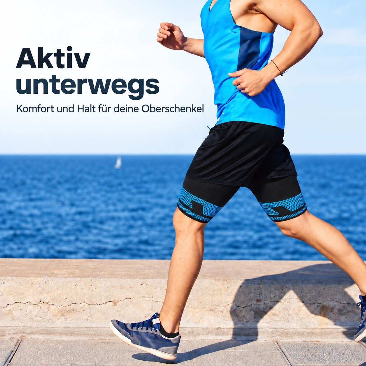 Hardloper met AGILE NOW dijbanden op het strand.