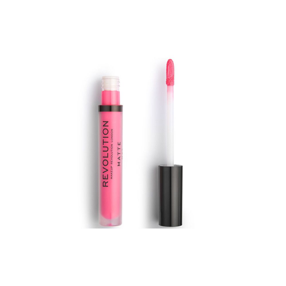 Tube de gloss mat rose avec applicateur. Inscription : REVOLUTION MATTE. Bouchon noir. Tube transparent.