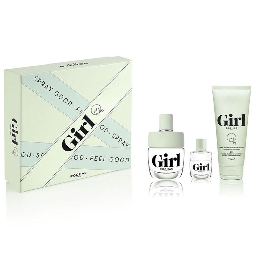 Coffret cadeau avec trois produits : une boîte, deux flacons de parfum et un tube. "Girl" et "Rochas" sont inscrits sur tous les produits.