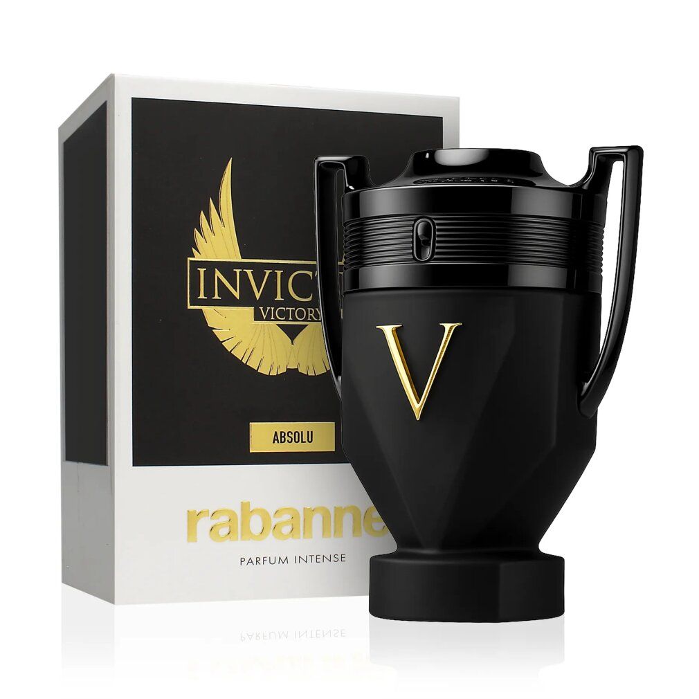 Zwarte flacon met gouden "V". Witte verpakking met logo en productnaam. Opschrift "Invictus Victory Absolu".
