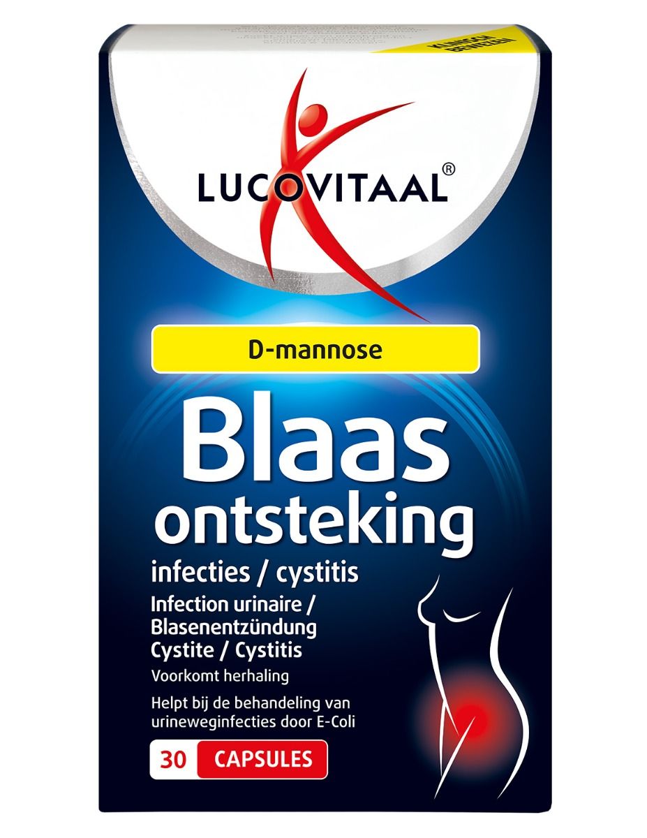 Verpakking met "Blaasontsteking" en "D-mannose". Bevat 30 capsules. Logo Lucovitaal.