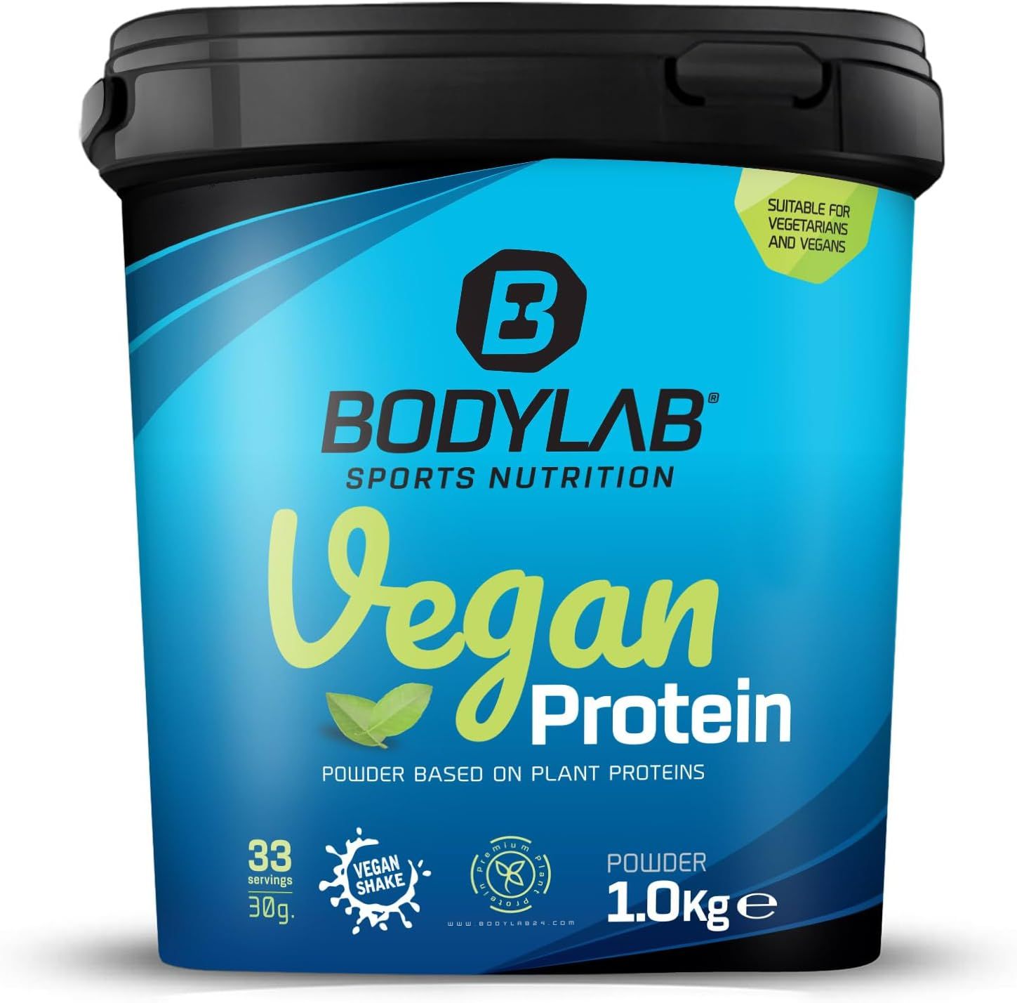 Seau bleu Bodylab Vegan Protein. Inscription: Vegan Protein, 1,0 kg, 33 portions. Convient aux végétariens et végétaliens.
