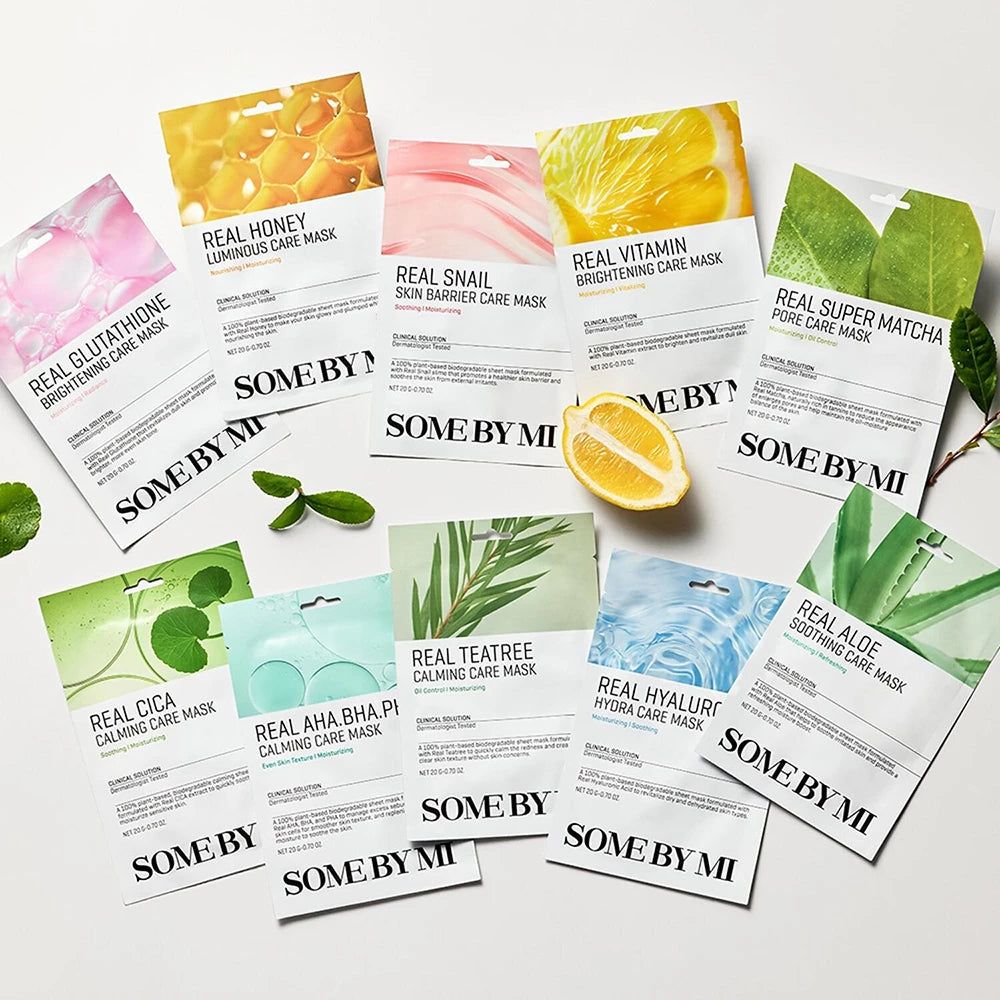 Divers masques faciaux SOMEBYMI. Variétés: Miel, Escargot, Vitamine, Matcha, Glutathion, Cica, AHA, Thé, Hyaluron, Aloe.