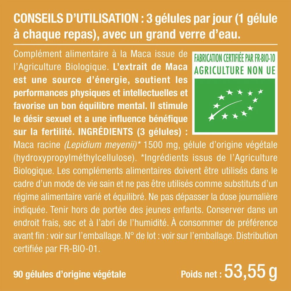 Texte avec informations sur les gélules. Texte : 90 gélules, 53,55 g. Certifié par FR-BIO-01.