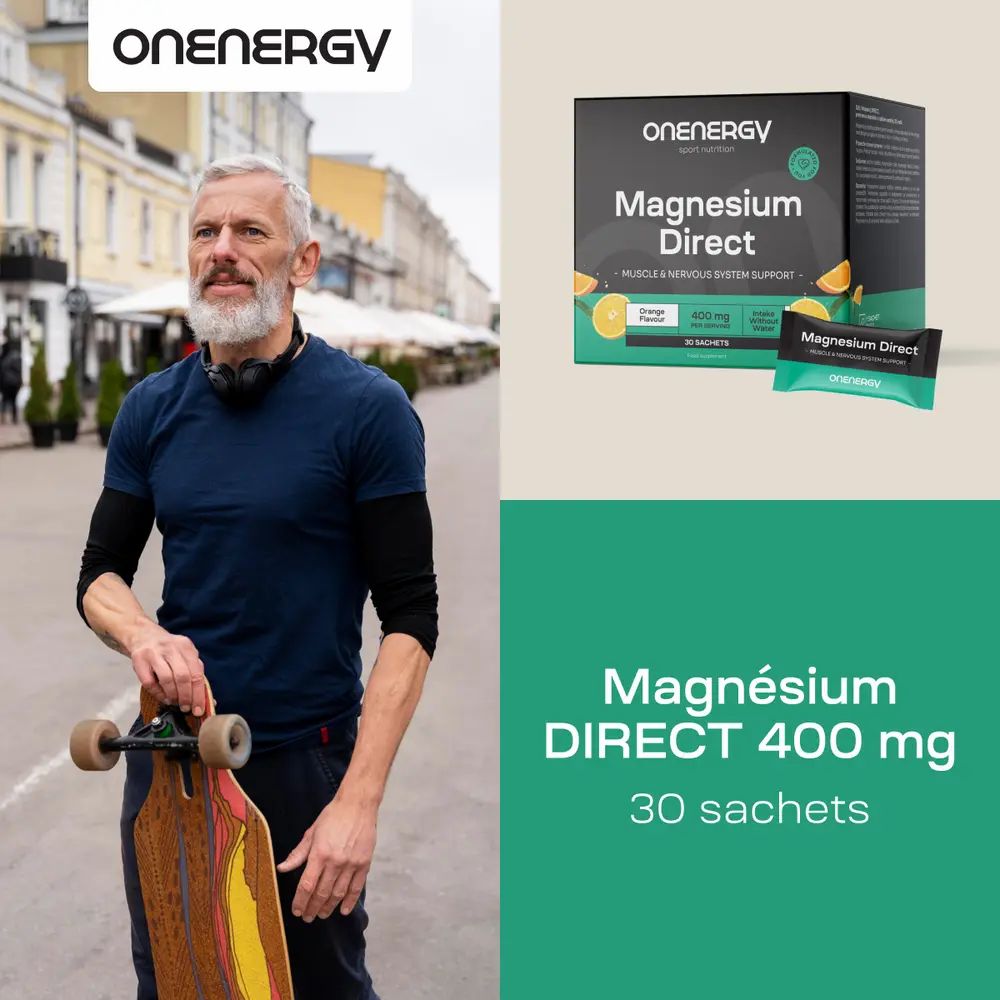 OnEnergy Magnesium Direct, 400 mg, 30 sachets. Femme au parc. Oranges et éléments verts.