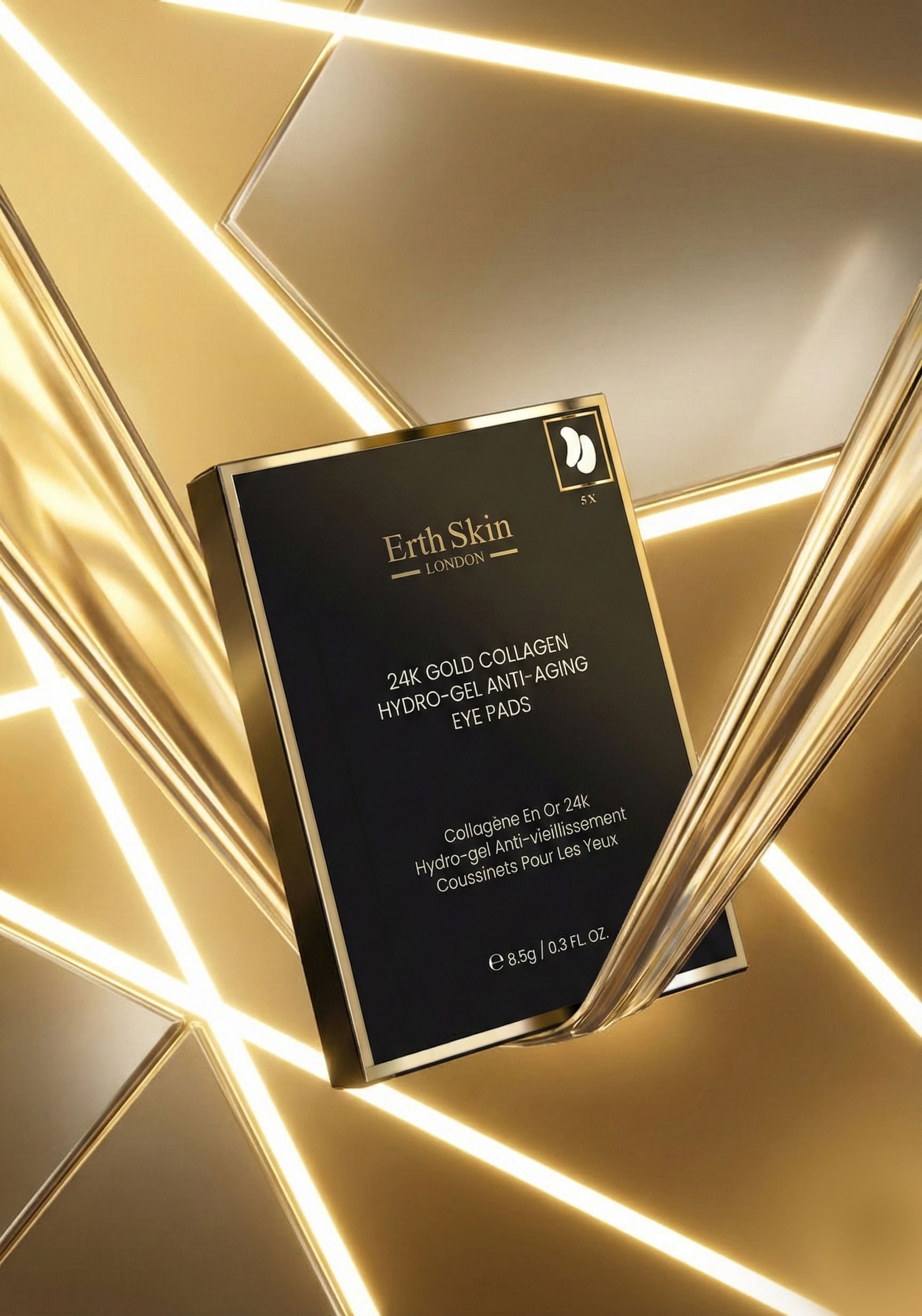 Emballage noir avec inscription dorée pour patchs oculaires hydro-gel au collagène 24K Gold.