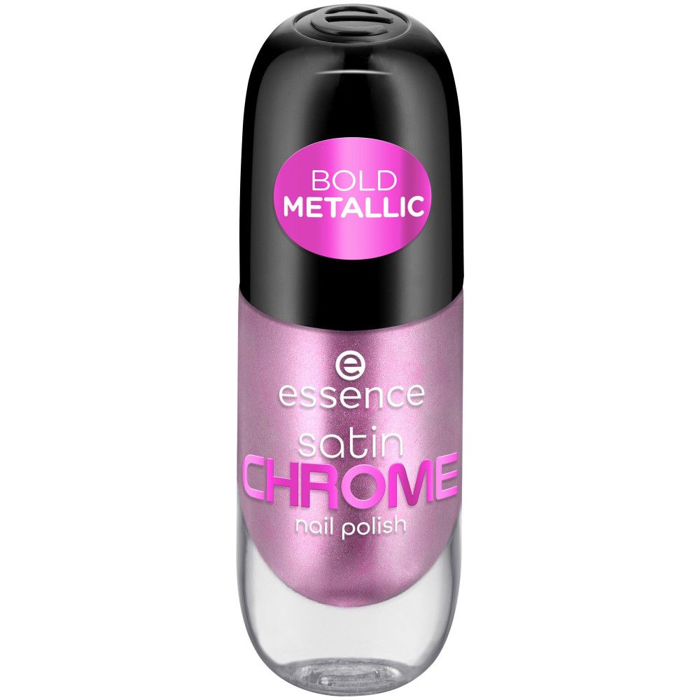 Flacon de vernis à ongles Essence Satin Chrome, rose métallisé. Bouchon noir avec autocollant rose "BOLD METALLIC".