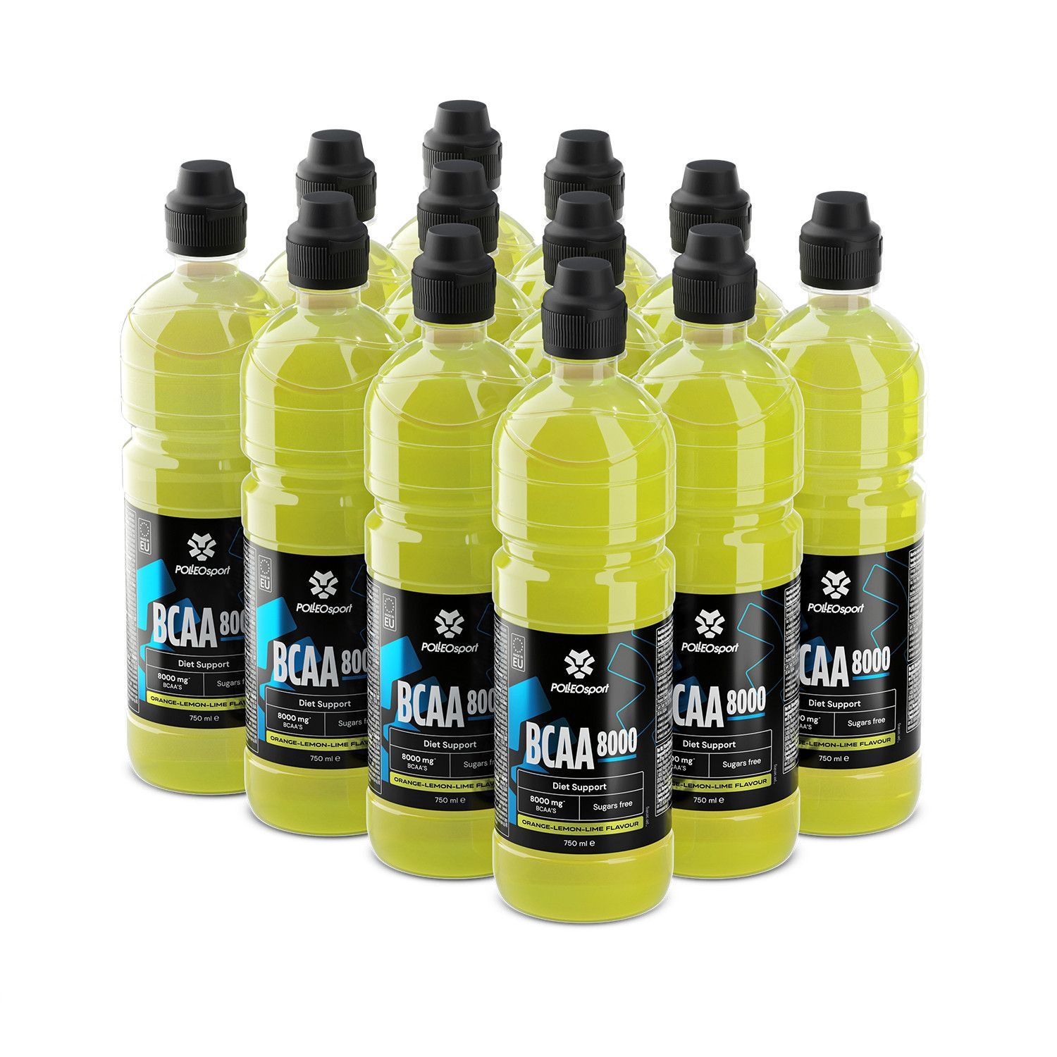 Meerdere flessen gele drank. Zwarte doppen. Etiket met BCAA 8000, sinaasappel-citroen-limoensmaak.