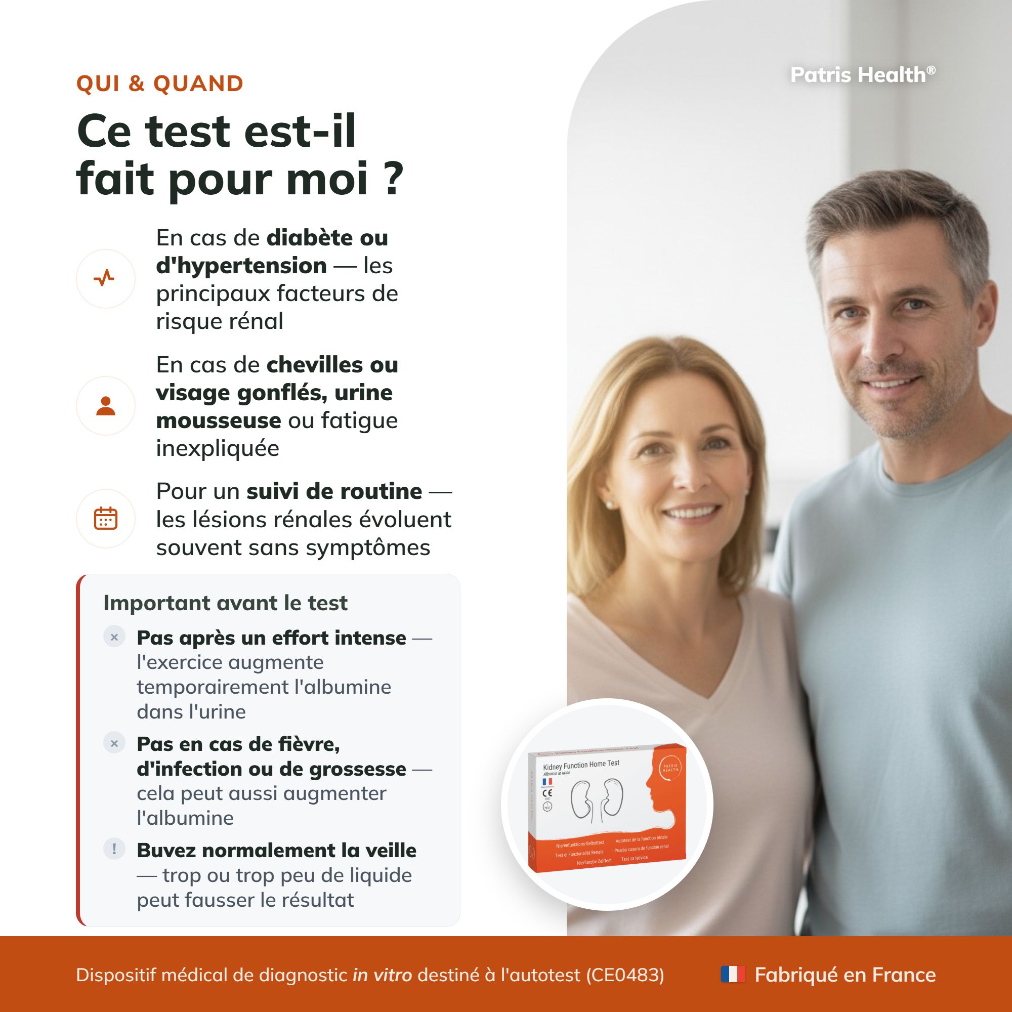 Boîte de test rénal avec informations sur l'utilisation et l'origine.