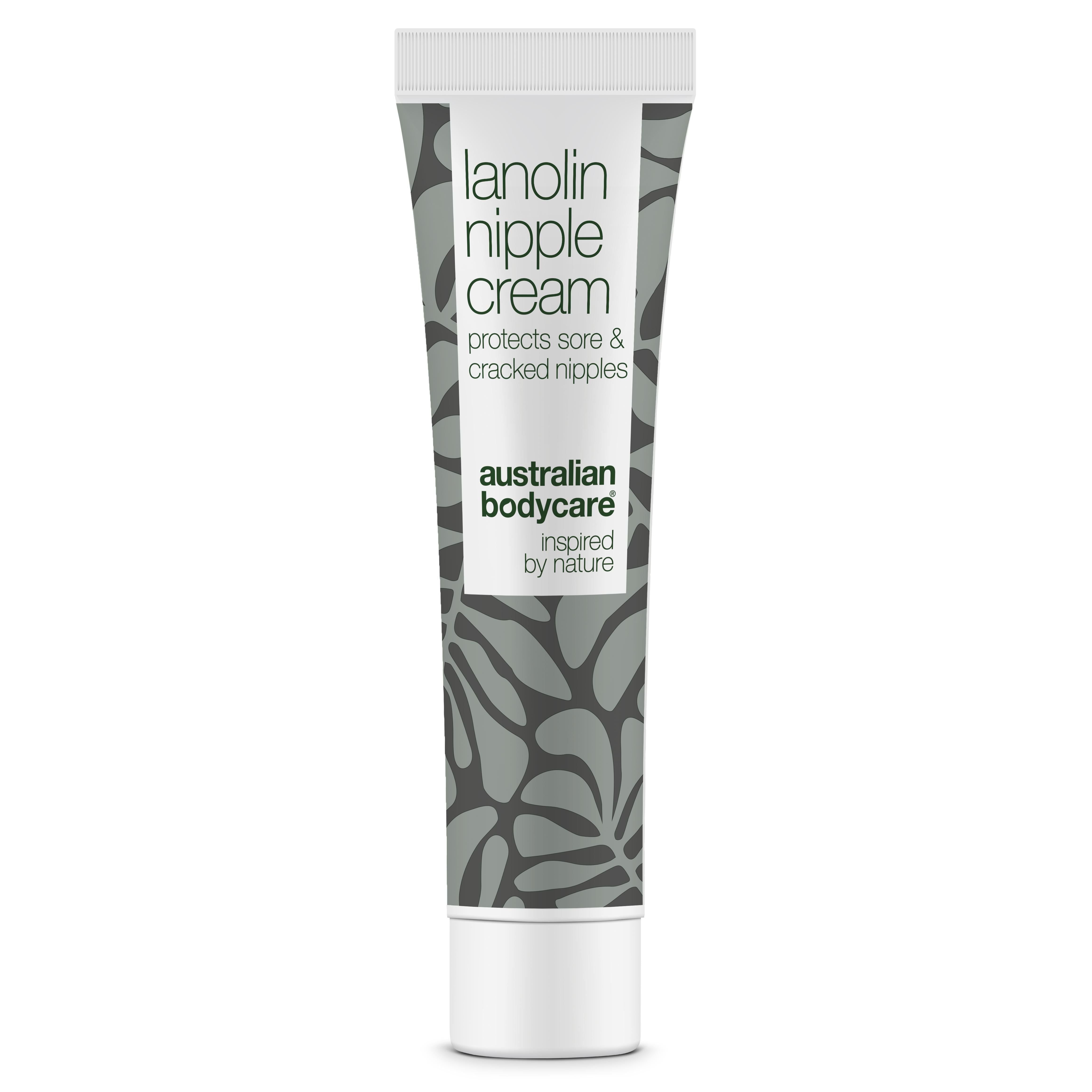 Tube lanoline tepelcrème. Grijs patroon, witte dop. Tekst: Australian Bodycare, Lanolin Nipple Cream.