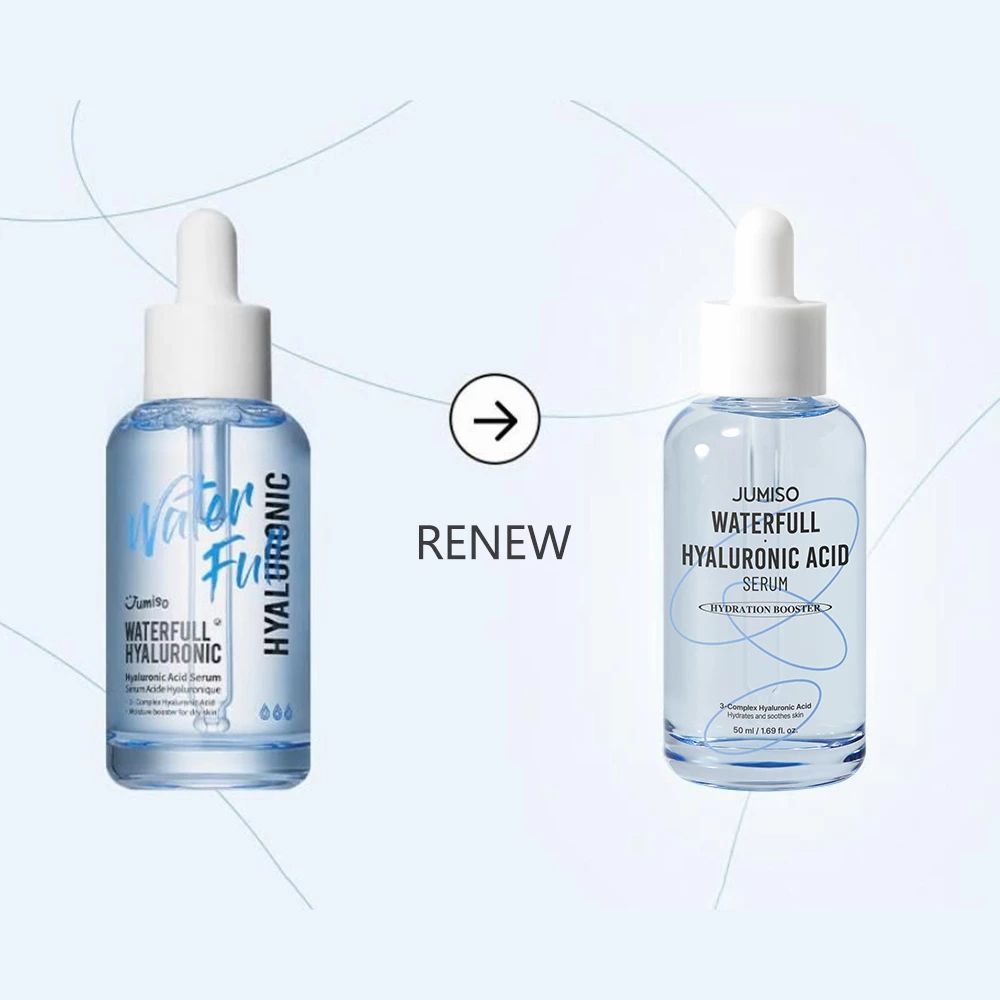 Twee serumflesjes naast elkaar. Links: Waterfull Hyaluronic. Rechts: JUMISO Waterfull Hyaluronic Acid Serum.