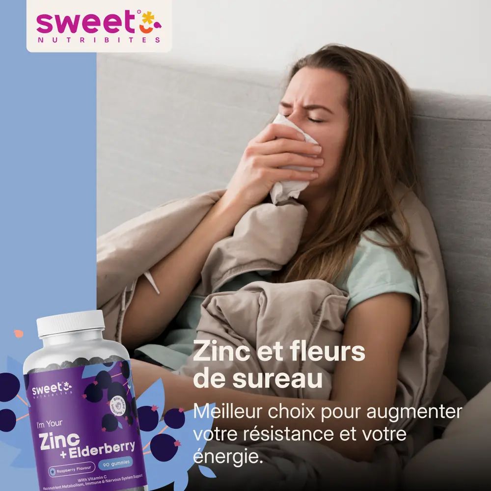 Femme au lit avec mouchoir. Flacon Zinc + Elderberry. Texte: Zinc et fleurs de sureau. Meilleur choix pour l'énergie.