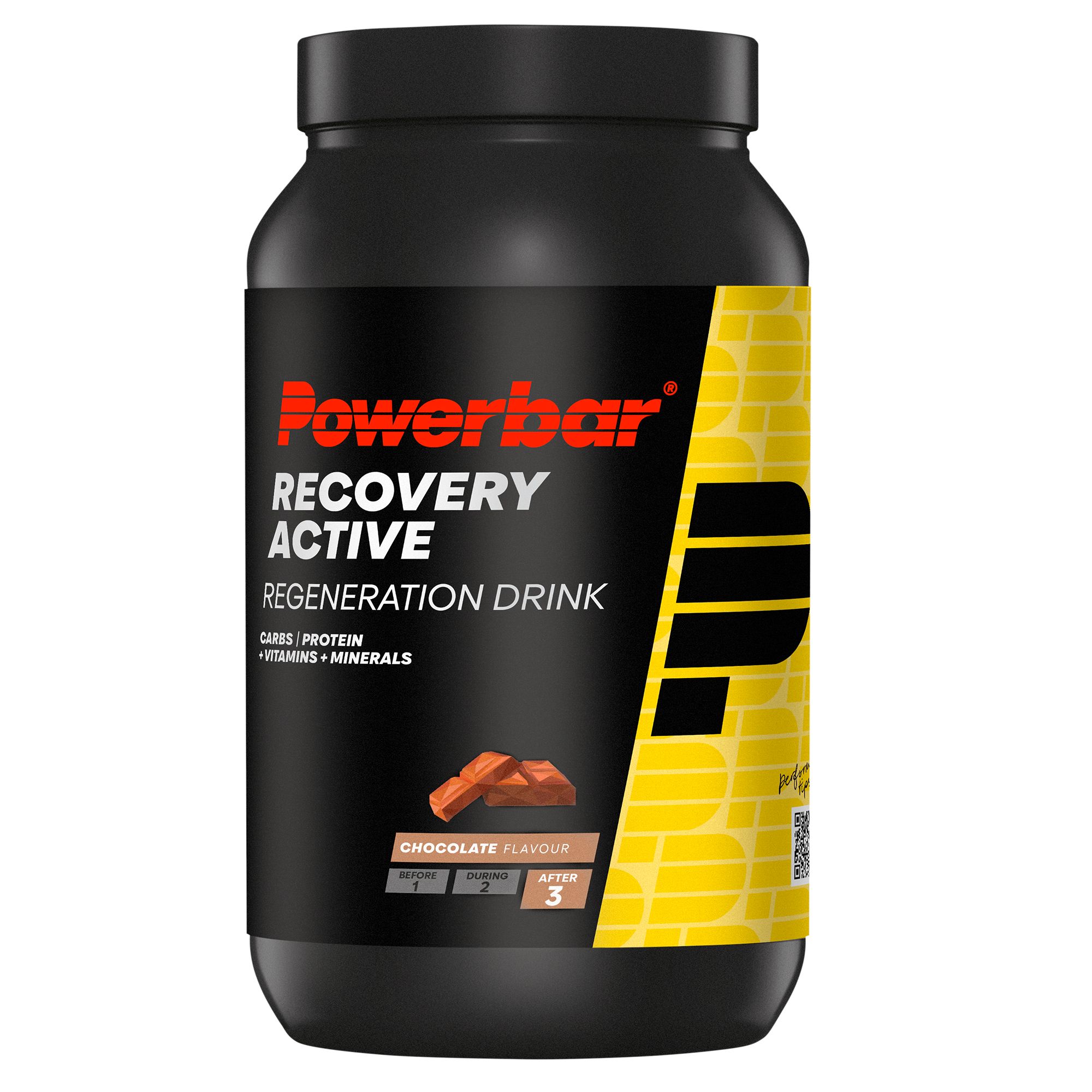 PowerBar Recovery Active Regeneratiedrank chocoladesmaak. Zwarte pot met geel etiket en productafbeelding.