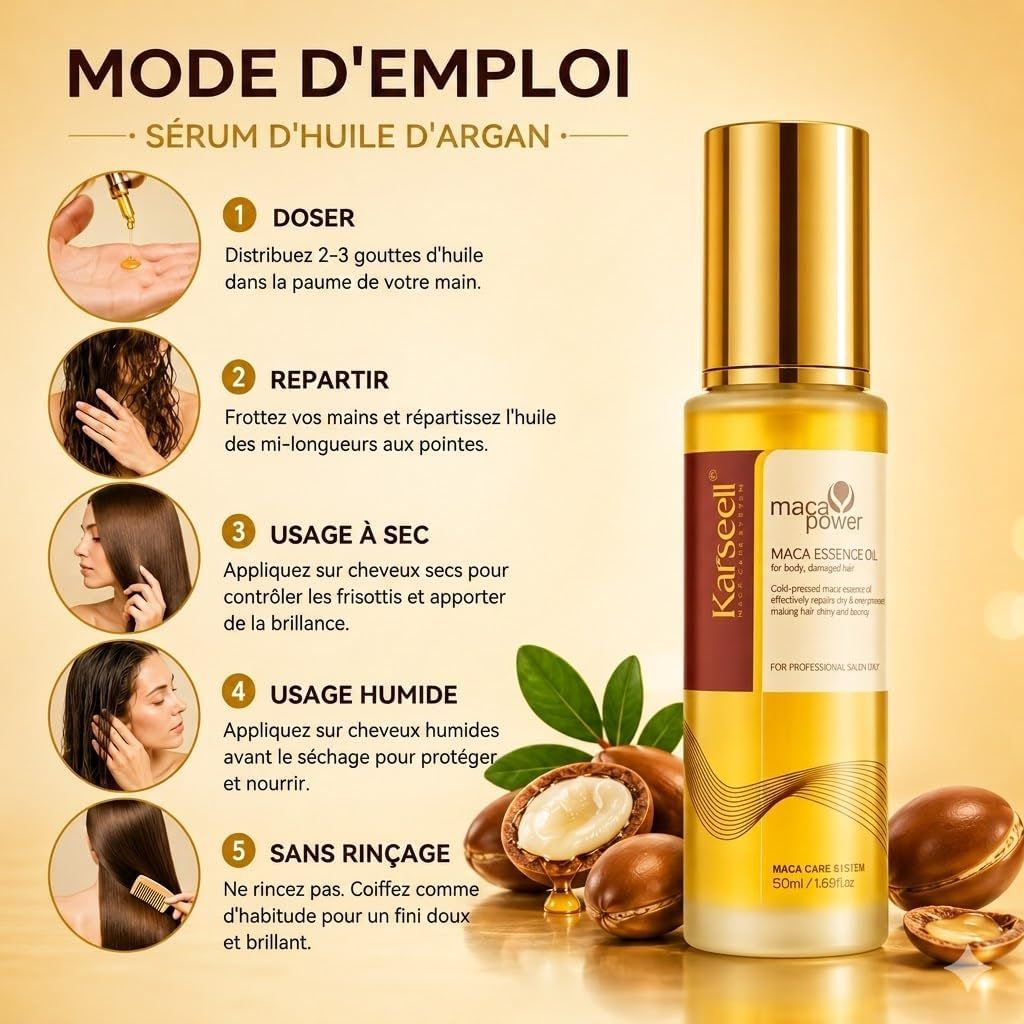 Flacon de sérum d'huile d'argan avec bouchon doré. Contient des fruits et feuilles d'argan. Texte : 'Karseell Maca Power Argan Essence Oil'.