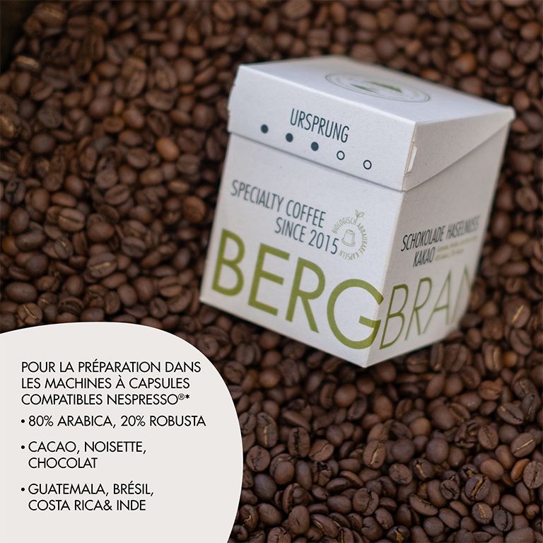 Emballage de capsules de café. BERGBRAND Specialty Coffee. Texte : 80% Arabica, 20% Robusta. Pour Nespresso.
