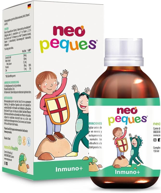 Flacon et boîte de sirop Neo Peques Inmuno+. La boîte affiche des informations nutritionnelles et une illustration d'enfants.