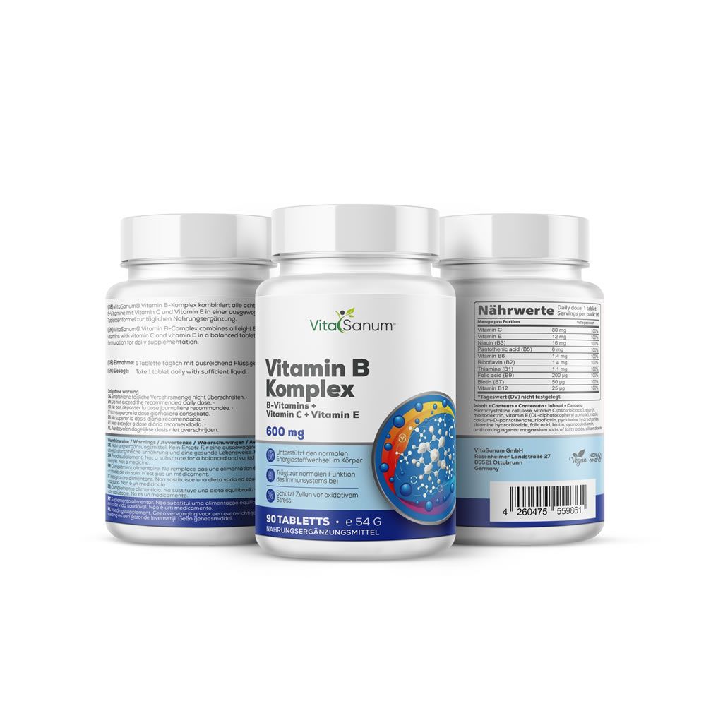 Drie flessen VitaSanum vitamine B-complex. Witte flessen met etiketten. 30 tabletten. Voedingssupplement.