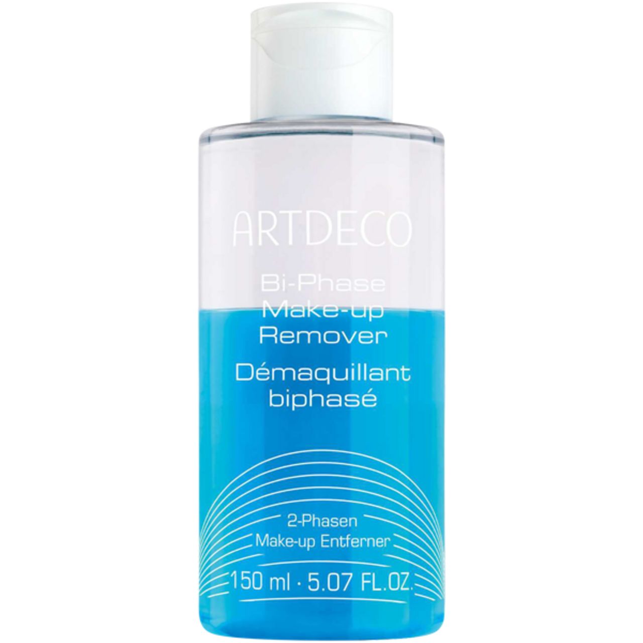 Artdeco démaquillant biphasé. Flacon transparent avec liquide bleu. Bouchon blanc. Nom du produit et indication de volume.