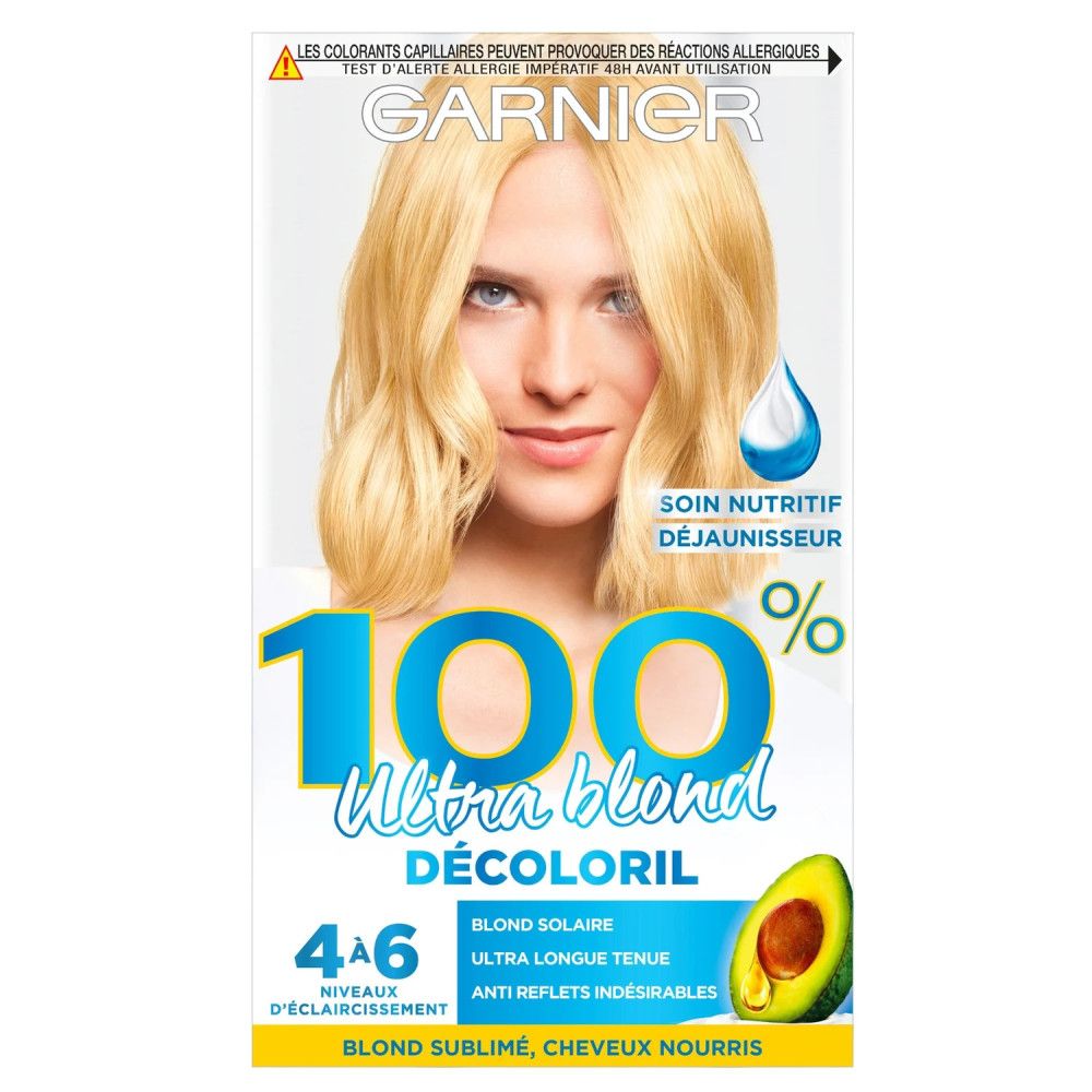 Verpakking Garnier Ultra Blond. Afbeelding van een blonde vrouw. Tekst: 100%, Ultra blond, Décoloril, 4-6 oplichtingsniveaus. Verzorging.