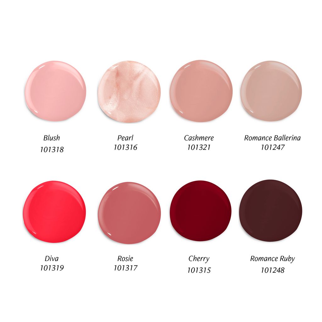 Huit échantillons de vernis à ongles ronds. Couleurs : Blush, Pearl, Cashmere, Romance Ballerina, Diva, Rosie, Cherry, Romance Ruby. Noms et numéros.