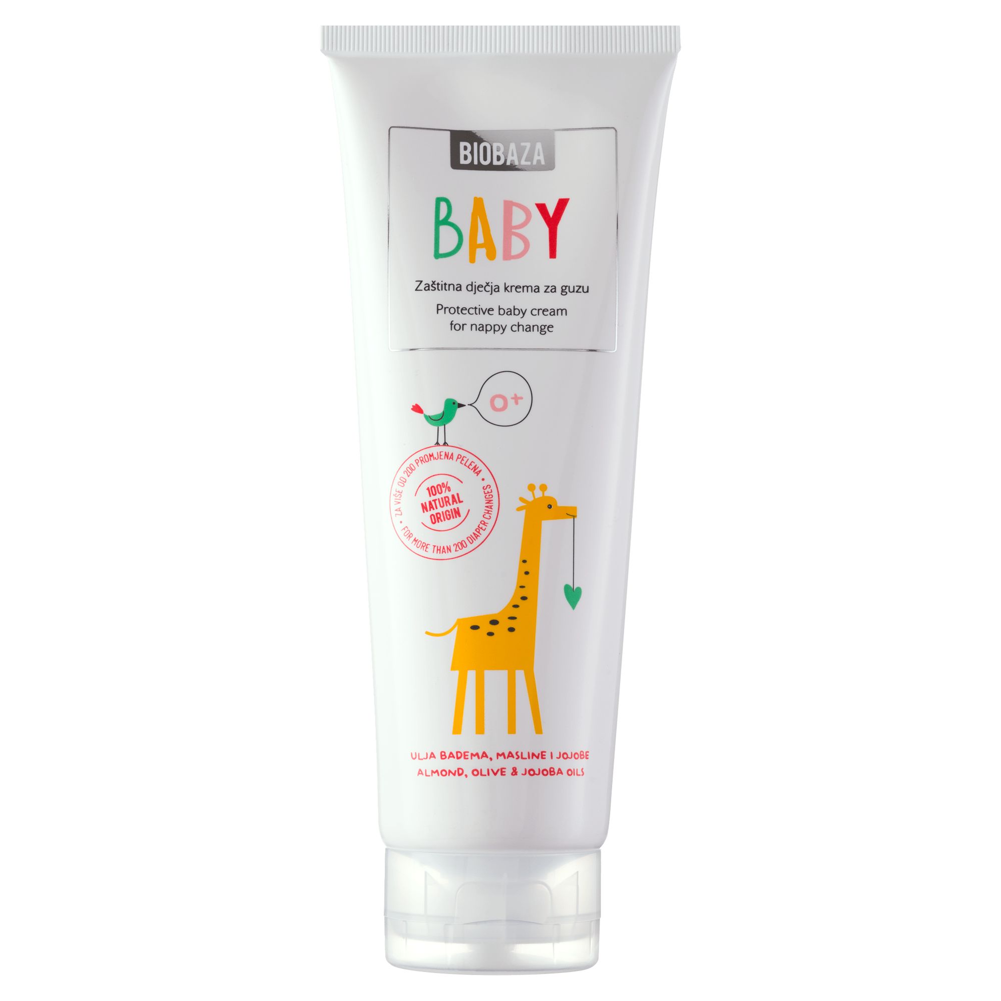 Witte tube met BIOBAZA BABY. Illustraties: vogel, giraffe. Tekst: Protective baby cream for nappy change. Bevat almond, olive & jojoba oil.