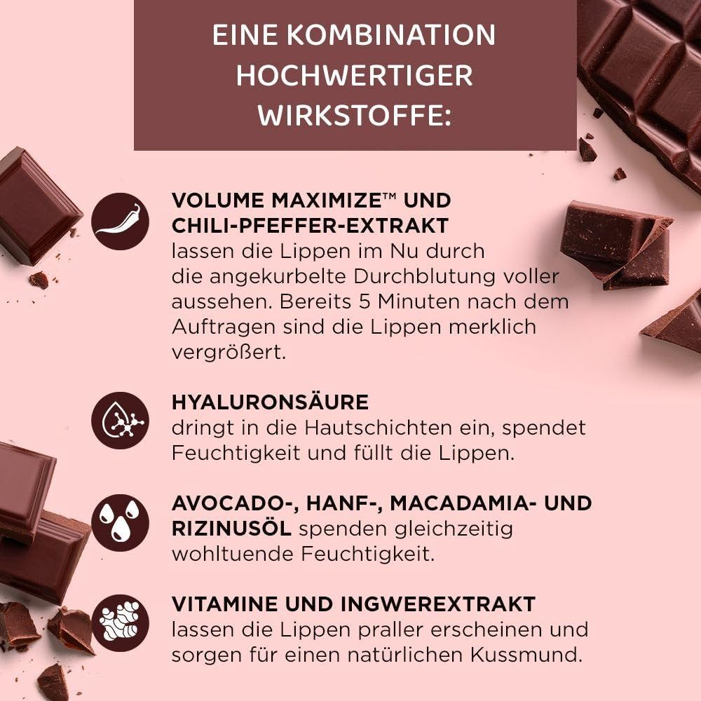 Texte avec ingrédients : Volume Maximize, extrait de piment, acide hyaluronique, huiles d'avocat, de chanvre, de macadamia, vitamines.
