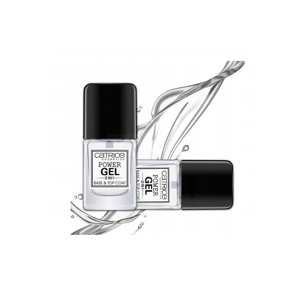 Catrice Power Gel 2en1 Base & Top Coat. Flacon transparent, bouchon noir. Nom du produit et logo sur l'étiquette.