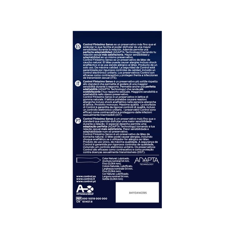 Préservatifs Control Finissimo Senso, verso avec informations produit et certifications.