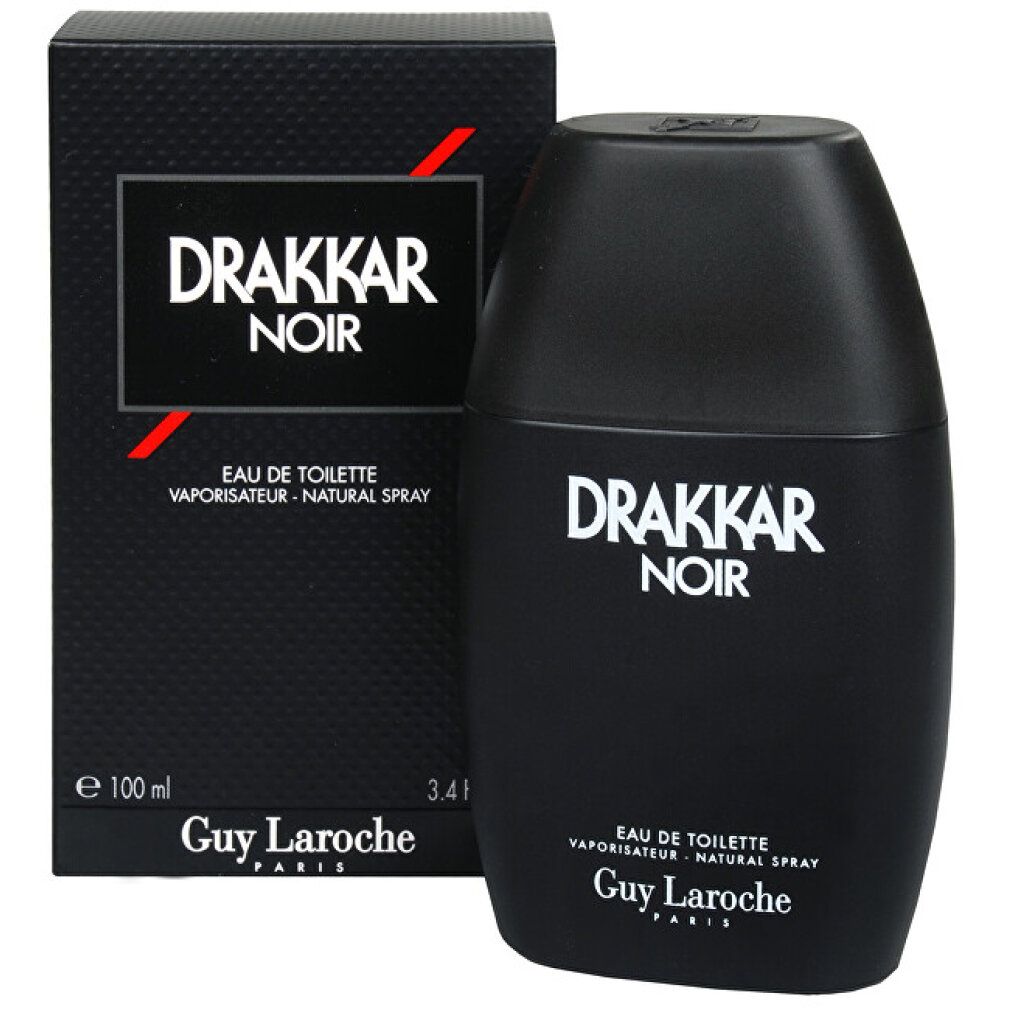 Zwarte fles en doos van Drakkar Noir Eau de Toilette Spray. Zwarte fles met witte tekst. Doos met rode lijn.
