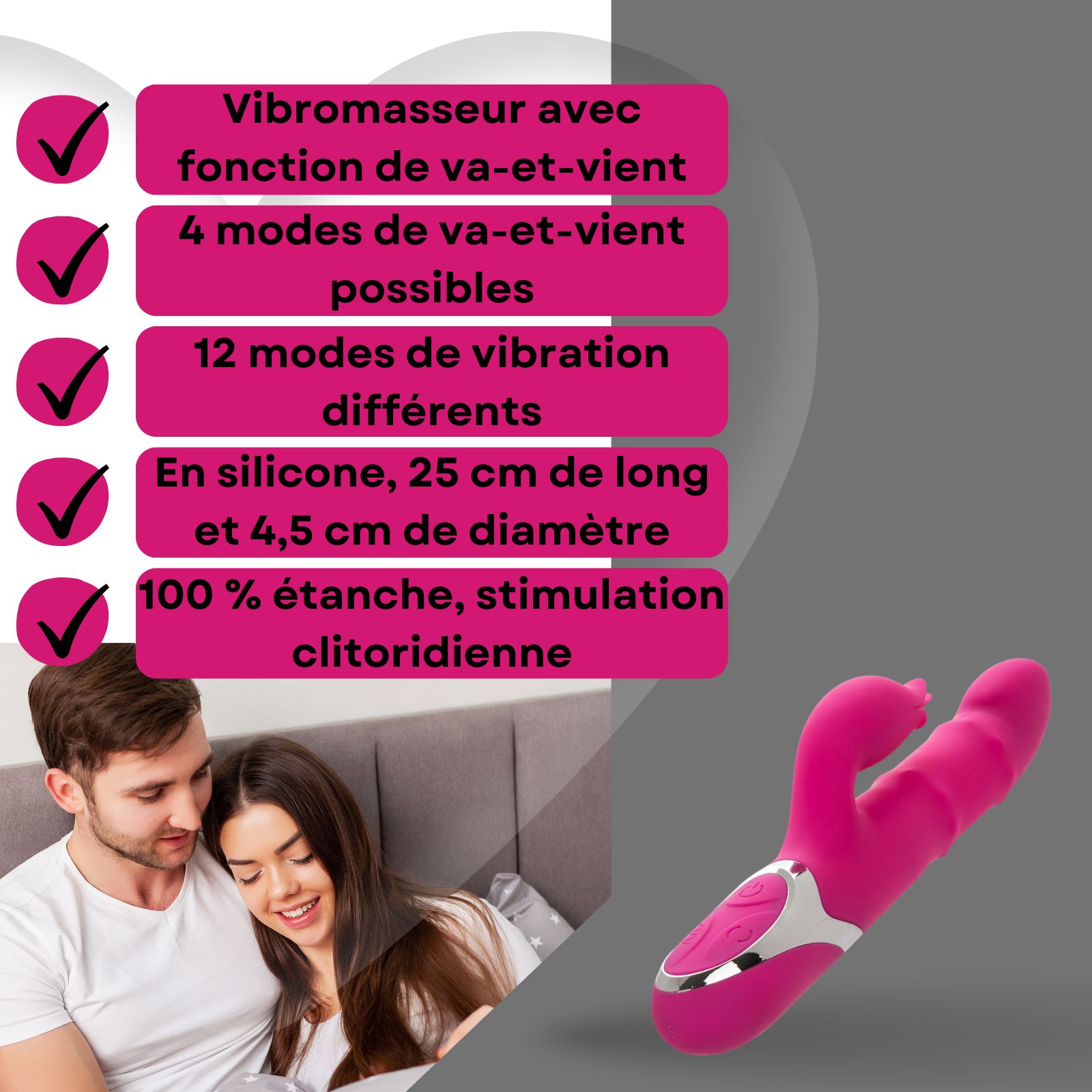Vibrateur rose avec texte. Texte: Fonction va-et-vient, 4 modes, 12 vibrations, silicone, 25cm, étanche.