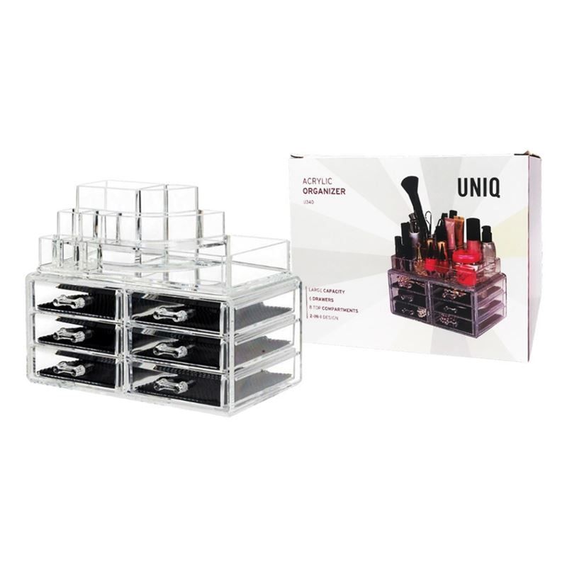 Organisateur de maquillage avec 6 tiroirs et 18 compartiments, à côté de l'emballage. Emballage avec image du produit et logo UNIQ.