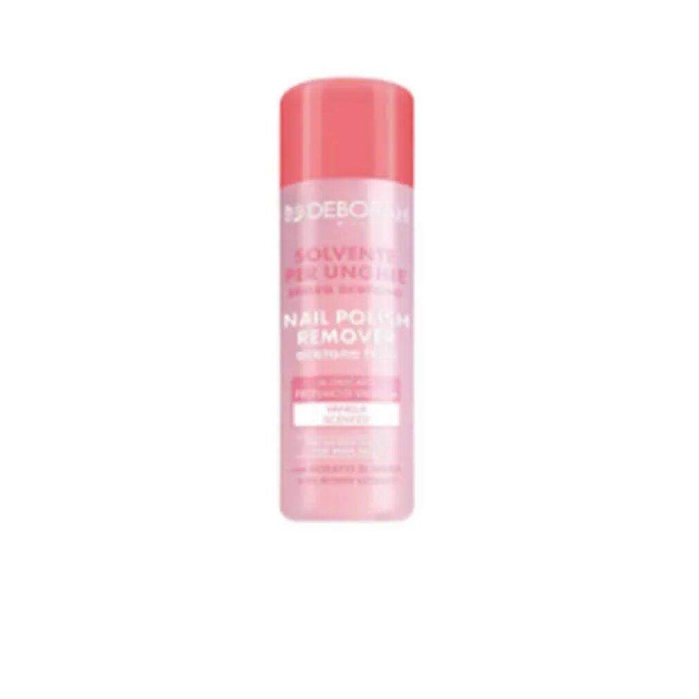 Flacon rose avec bouchon rose. Inscription: Deborah, Solvente per unghie. Nail Polish Remover. Sans acétone. Parfum vanille.