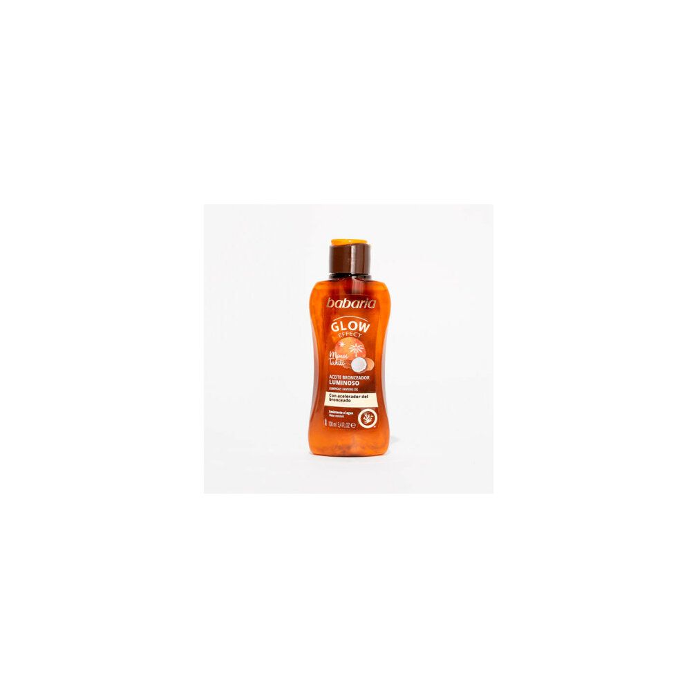 Babaria Tanning Oil Gel, bruine fles. Opschrift: Glow Effect, Monoi Tahiti, Aceite Bronceador Luminoso. Waterbestendig. 100 ml.