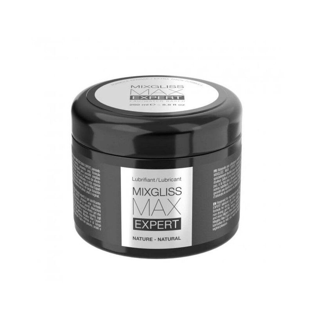 Pot noir avec étiquette blanche. Inscription: MIXGLISS MAX EXPERT. Couvercle avec logo. Texte: NATURE - NATURAL.