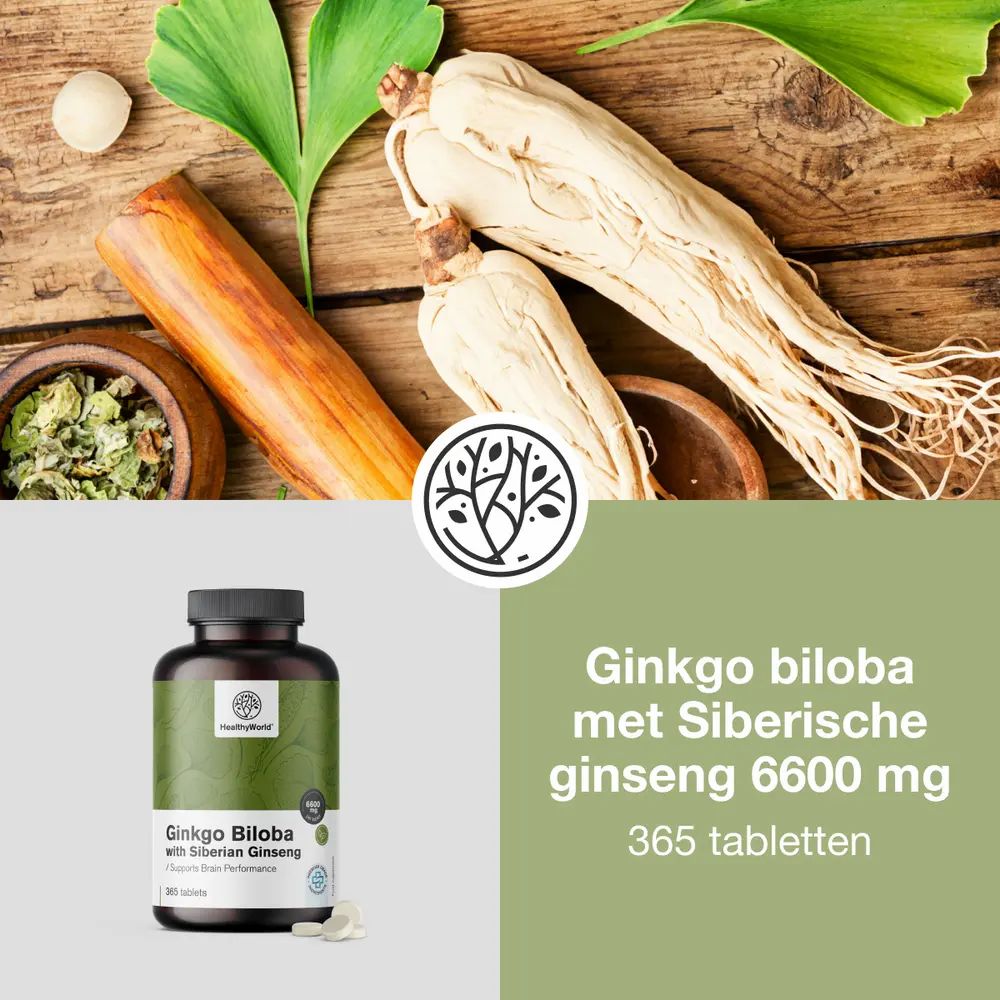 Vrouw houdt een fles vast met tekst: Ginkgo biloba met Siberische ginseng 6600 mg. Merk: HealthyWorld. Houdt de fles vast.