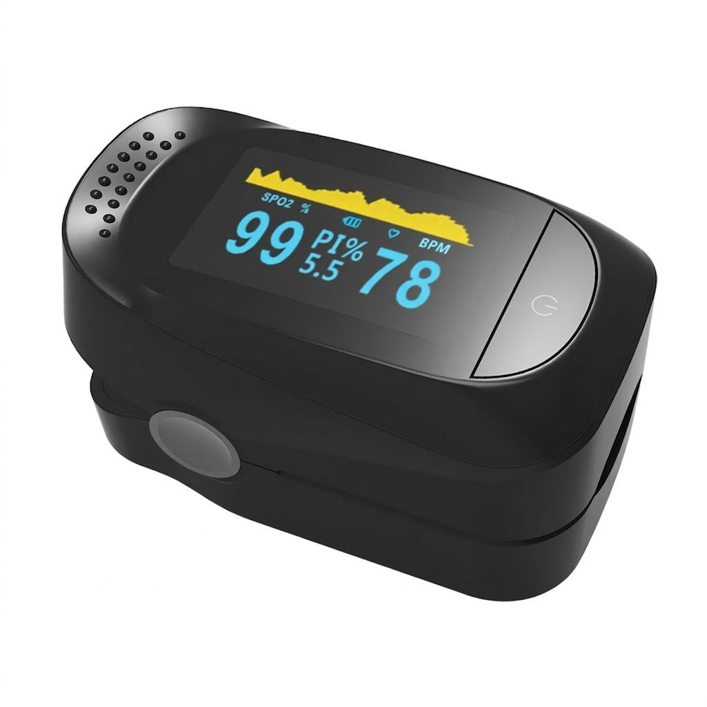 Oxymètre de pouls noir avec écran. Affiche SpO2, PI% et BPM. Bouton gris et bouton marche/arrêt.