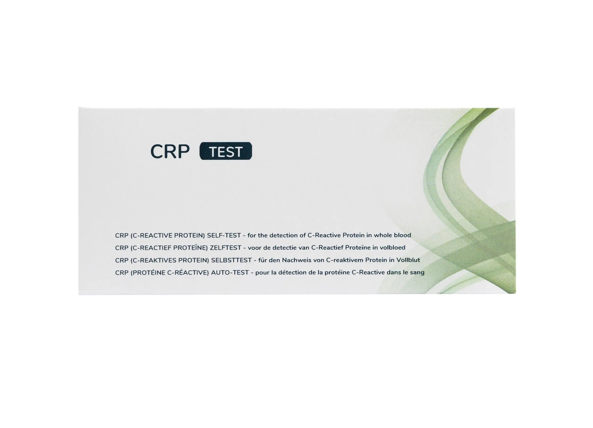 Verpakking CRP sneltest met meertalige productaanduidingen en groen designelement.