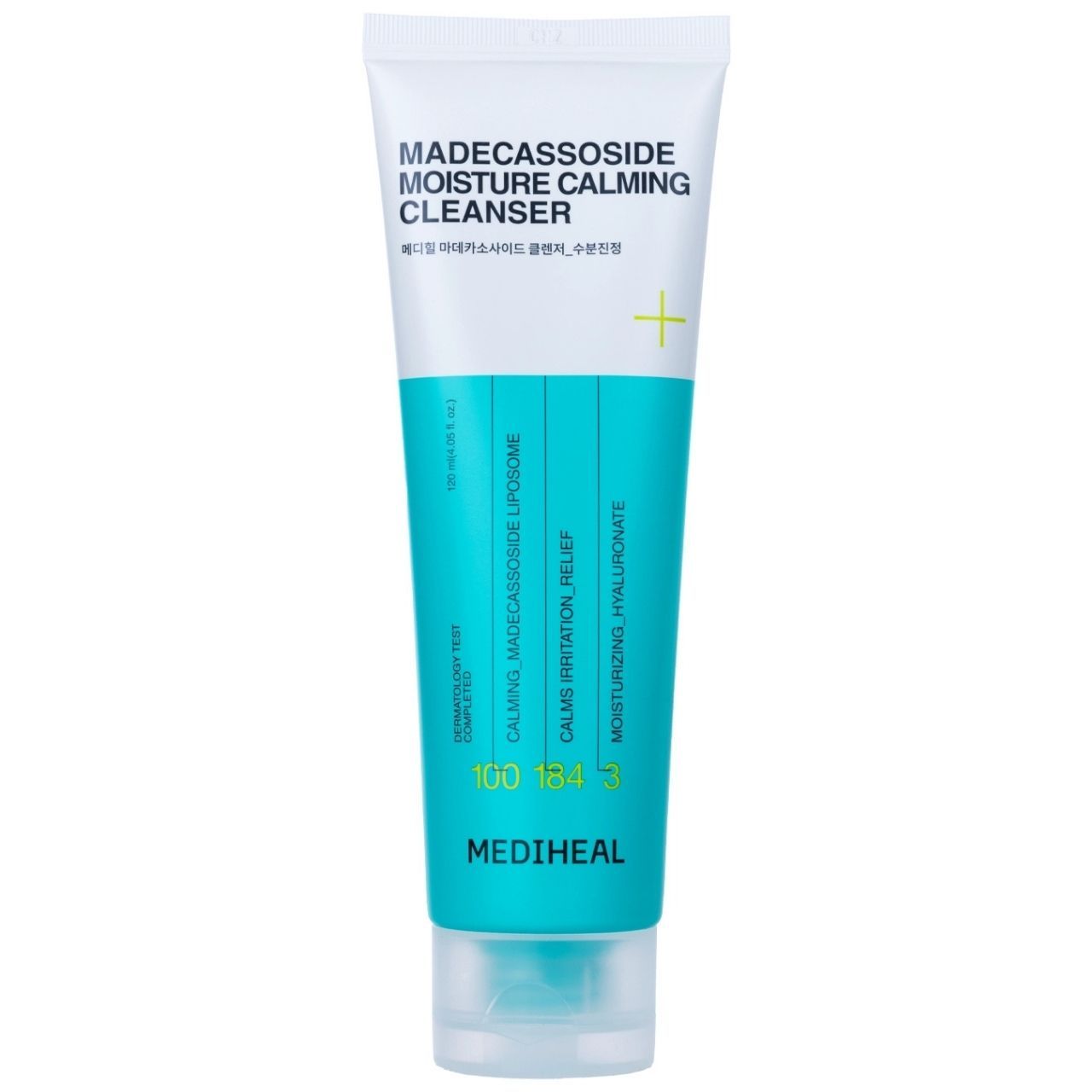MEDIHEAL Madecassoside Moisture Calming Cleanser, witte tube met turquoise accenten.